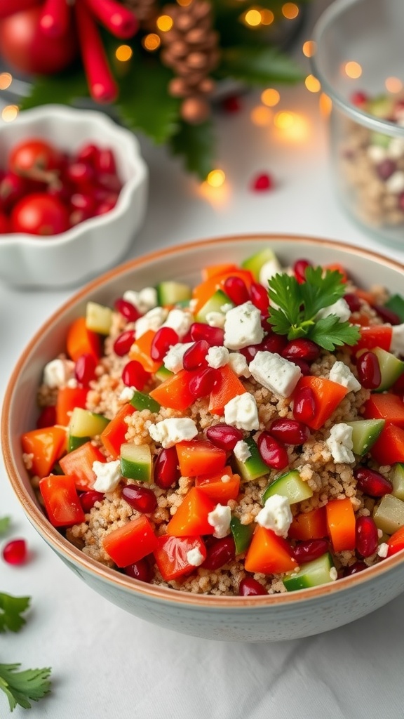 A colorful Christmas quinoa salad with bell peppers, cucumbers, tomatoes, pomegranate seeds, and feta cheese on a festive table.